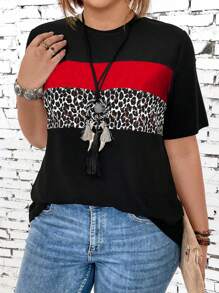 EMERY ROSE Plus Size Women's Leopard Print Splice Short Sleeve T-Shirt Graphic Cheetah Print Tees Women Tops - Multicolor - View 4