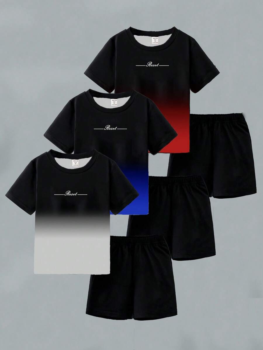6pcs Set Young Boy Ombre Round Neck Short Sleeve T-Shirt And Shorts Outfit, Red, Blue, Gray
