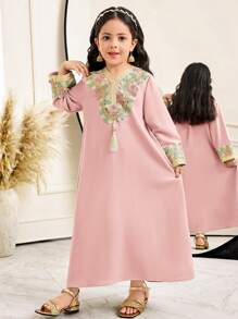 SHEIN Young Girl Loose Casual Extra Long Gold Thread Ribbon Tassel Loose Robe - Pink - View 1