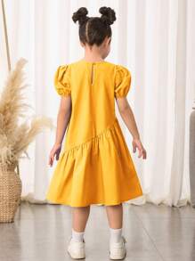 SHEIN Leap Crew Young Girls' Loose Cute Cap Sleeves Round Neck Asymmetrical Ruffle Hem A-Line Dress - Hot Pink - View 2