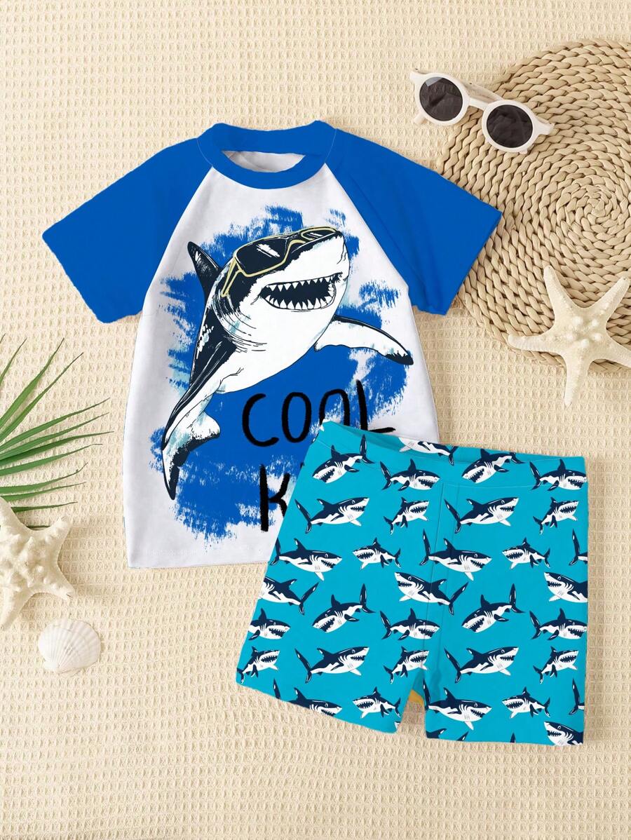 SHEIN Conjunto de 2 piezas de traje de baño minimalista de cuello redondo y manga corta casual para niño preadolescente, adecuado para el verano