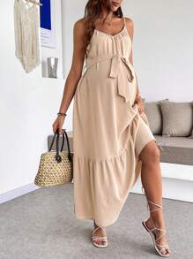 SHEIN Pregnant Women Solid Color Casual Holiday Sleeveless Dress Maternity Dress - Khaki - View 4