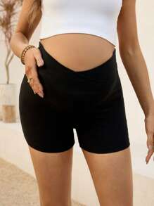 SHEIN Adjustable Waist Solid Color Maternity Leggings, Fitted Spring Women's Clothing Cycling Shorts