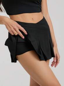 SHEIN Tall Váy mini xếp ly eo bất đối xứng màu trơn cho nữ - màu đen - Xem 6