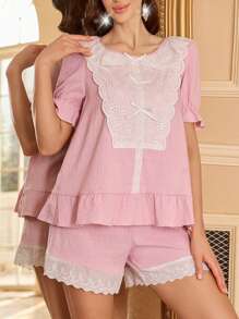 French Style Girl Ruffle Lace Patchwork Women Summer Pajama Sets - Pink - View 4