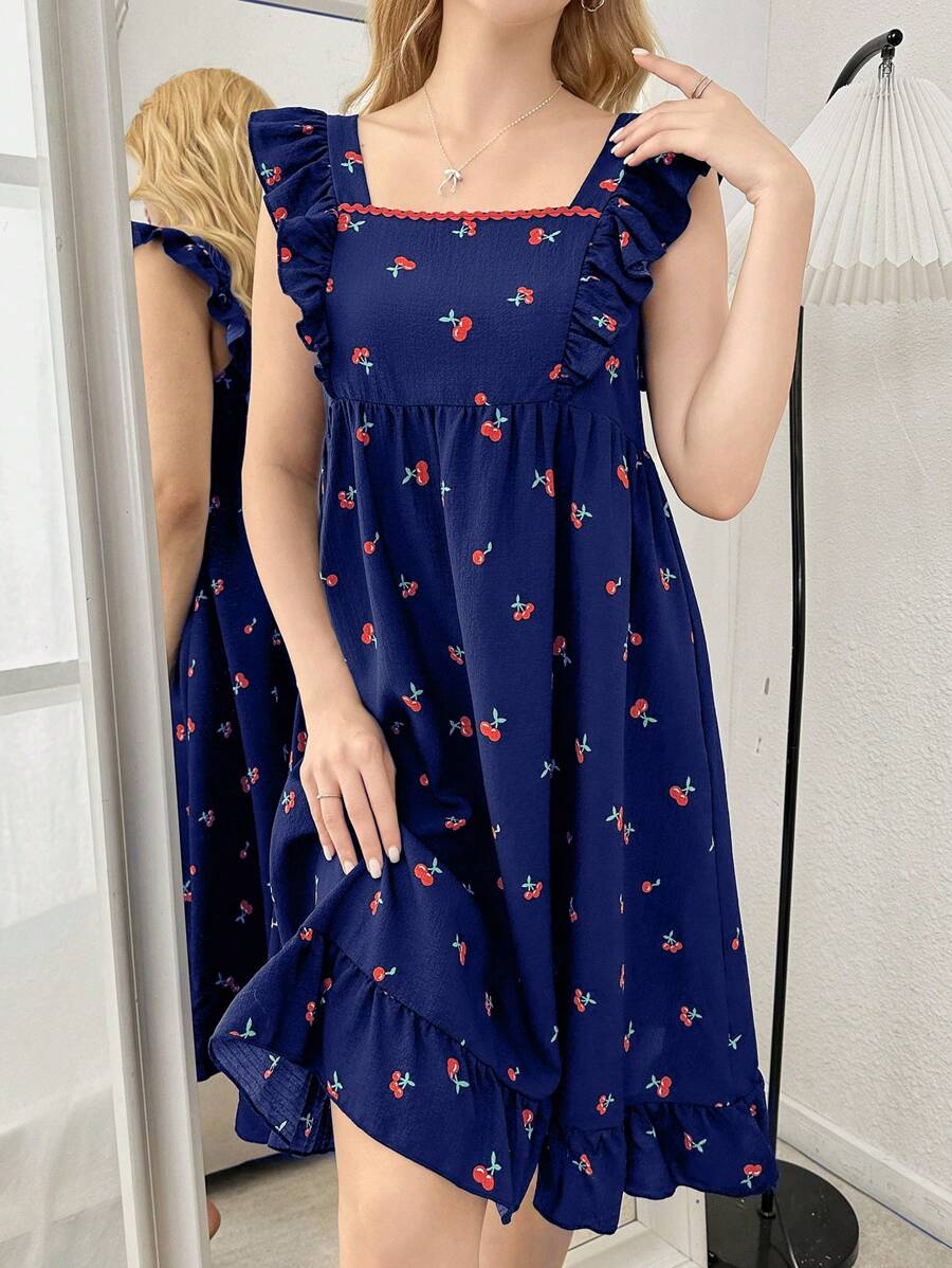 CottageSlumber 樱花印花方领盖袖女式睡袍娃娃装，酒红色节日季 - 藏蓝色 - 查看 1