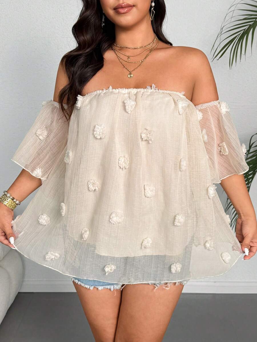 Flirla Camisa informal de gasa blanca con hombros descubiertos y decorado con pompones, adecuada para uso diario en primavera/verano, tallas grandes - Blanco - Ver 1