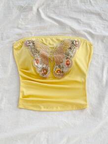 Soleia Cream Yellow Casual Vacation Western Beach Wedding Guest Graduation Brunch Women's Apparel St. Patrick's Day Spring Break Easter Music Festival Elegant Bohemian Tropical Graceful New Knit Texture Vacation Elegant Bustier Mesh Sequin Embroidered Blouse For Ladies - Yellow - View 3