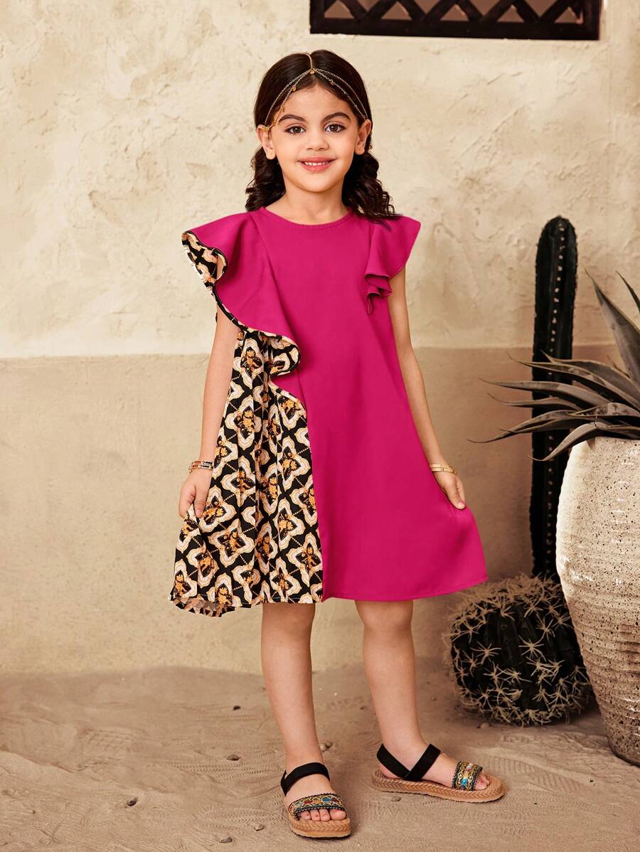 SHEIN Đầm ôm cổ tròn họa tiết hình học dệt kim thời trang cho bé gái - Màu Hồng Tươi - Xem 1
