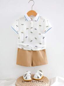 Cozy Pixies 2pcs Baby Boy Set: Cartoon Animal Print Lapel Short Sleeve Top And Elastic Waist Shorts
