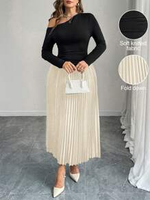 Celure Plus Size Asymmetric Collar Shoulder Pleat Patchwork Hem Elegant Party Dress, Suitable For Valentine's Day Maxi Women Outfit