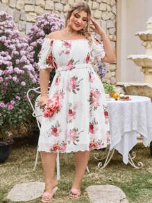 SHEIN VCAY Plus Size Floral Puff-Sleeve Short-Sleeved Dress, Off-Shoulder Dress, Perfect For Vacations, Gardens, Dates, And Carnivals. - Multicolor - View 3