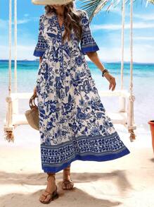 Breezaya Vestido con estampado floral azul de estilo vacacional - Azul y blanco - Ver 3
