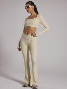 Musera Sport Fitted Scoop Neck Long Sleeve Sport Top Active Gym Workout, Padel, Tennis, Pickleball Gym Fitness - Cream - View 5