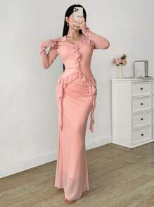 Modelyn Women's Elegant 2 Pieces Set: Mesh Ruffle Trim Blouse + Mesh Pleated Skirt, Suitable For Dates - Pink - View 6