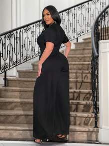 Flirla Plus Size Solid Color Short Sleeve Hollow Casual Jumpsuit, Concert Outfit - Black - View 5