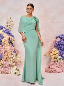 SHEIN Belle Elegant And Romantic Bean Green One-Shoulder Swing Collar Gathered Stitching Large Floating Piece Three-Dimensional Flower Slim Fishtail Hem Suitable For Wedding Events Dating Vacation Bridesmaid Dress
