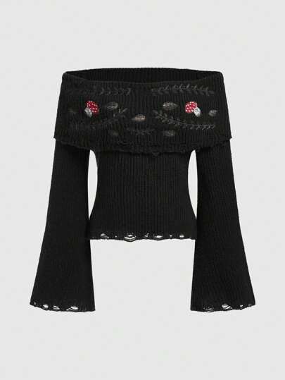 Fairycore Damen Pullover mit gerafften Ärmeln, Off-Shoulder