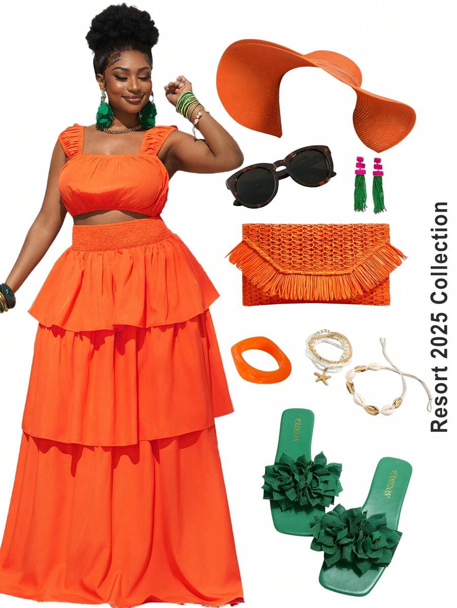 Slaydiva Nuevo conjunto de 2 piezas talla grande para 2025: Falda de volantes de color naranja liso y vestido largo con top de chaleco fruncido