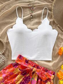 Soleia Conjunto de 2 piezas para mujer de camiseta sin mangas con borde de concha bordada de flores tropicales y pantalones cortos informales de cintura elástica con volantes y bolsillo, estampado floral colorido, para vacaciones de primavera y verano, conjunto de tarde de té