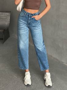 EURMUSE Jeans casual cintura alta com lavagem de neve e ajuste da mãe - Lavagem Média - Ver 1
