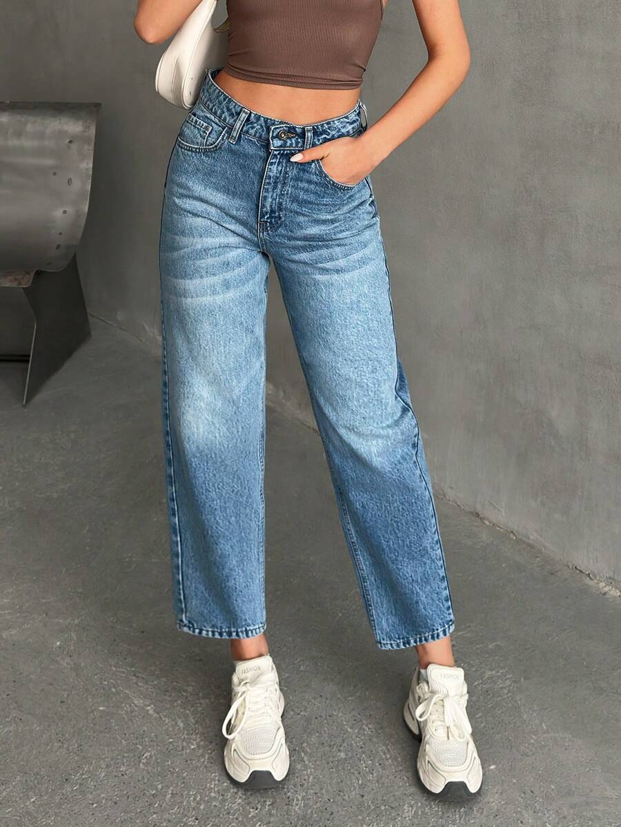 EURMUSE Jeans casual cintura alta com lavagem de neve e ajuste da mãe - Lavagem Média - Ver 1