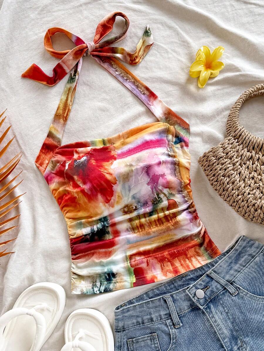 Soleia Summer For Women,Western Wear Women,Summer Tops,Crop Tops Women,Concert Women,Rave Festival,Cruise Attire Women,Birthday For Women,Going Out Tops,Vacation Woman,Tank Tops Women,Vacation Women's Colorful Tie Dye Floral Print Pleated Halter Backless Tank Top With Bowknot - Multicolor - View 1
