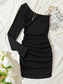 One-Shoulder Asymmetric Side Pleated Fitted Mini Dress, Elegant For Commuting & Party - Black - View 1