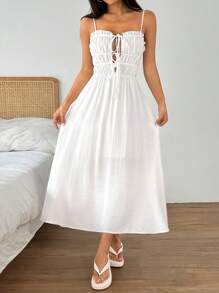 SHEIN EZwear Women's Solid Color Ruched Front Tie Pocketed Casual Midi Slip Dress - White - View 5