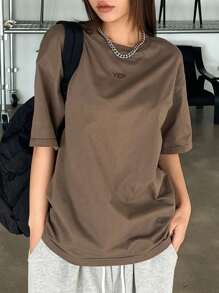 DAZY 字母图案落肩T恤超大T恤 - 咖啡棕 - 查看 6