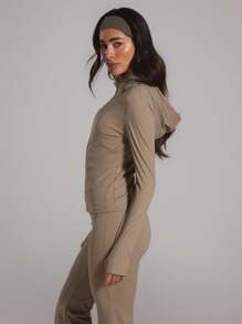 Fitted Full Zip Sculpt Hooded Jacket Musera Sport Active Workout ,Padel, Tennis, Pickleball Gym Fitness - Brown - View 3