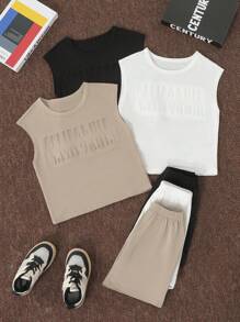SHEIN 2pcs/Set Young Boy Solid Color Printed Tank Top And Shorts Athletic Set - Multicolor - View 3