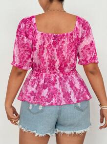 Flirla Plus Size Romantic Style Square Collar Cinched Waist A-Line Shirt - Multicolor - View 2