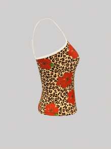 豹纹与花卉印花可调节肩带吊带背心，夏季