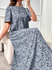 Al Najma Abito stile arabo da donna con scollo tondo, maniche corte a sbuffo e design a fiori minuti, vestibilità morbida