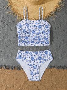 SHEIN 两件套女童泳衣，可爱青少年女孩海洋动物印花分体式沙滩泳衣，非常适合旅行、度假和夏季海滩 - 藍色 - 查看 5