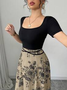 Selianne Vestido midi Qipao con estampado floral de estilo chino, cuello cuadrado, manga corta y cintura ajustada con nudo para mujer - Caqui - Ver 5