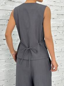 SHEIN EZwear 优雅系带蝴蝶结无袖 V 领背心夹克 - 灰色 - 查看 2