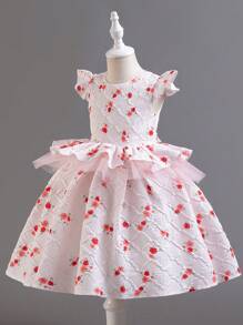 Girls Asymmetrical Hem Printed Cap Sleeve Flower Girl's Princess Dress, Children Performance Costume - White - View 3
