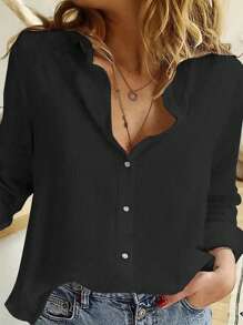 INAWLY Women Solid Color Long Sleeve Single-Breasted Casual Commuter Shirt Fall Cloth For Women - Black - View 3