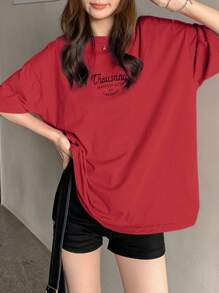DAZY 女士简约印花圆领短袖T恤日常百搭千工装夏季超大码T恤 - 紅色 - 查看 5