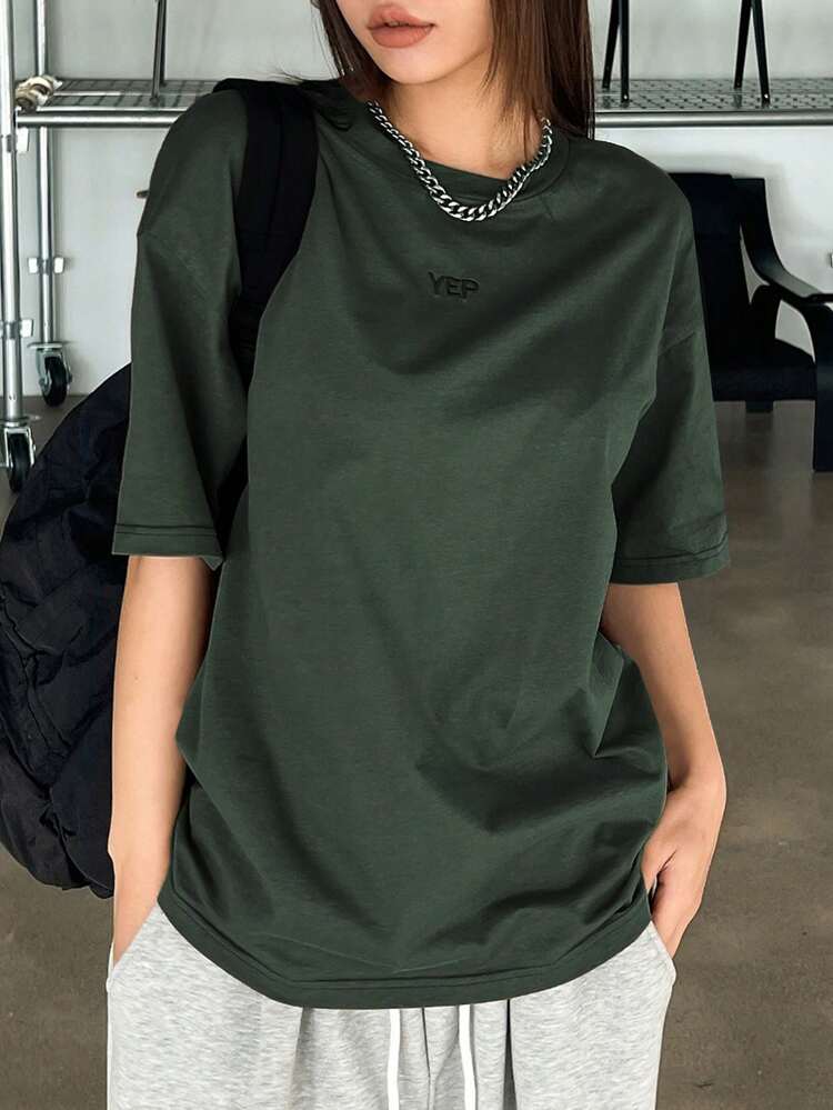 Letter Embroidery Drop Shoulder Tee