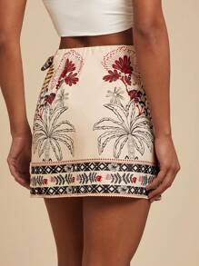 Travachic 女士波西米亚风格热带花卉印花系腰短裤和迷你裙女士夏季服装，波西米亚风女装 - 杏色 - 查看 2