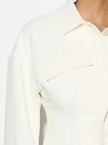 KIZN Tailored Cinch Waist Shirt Blouse Business Professional Long Sleeve Fitted Office Work Button Down Collared Top Spring Fall Winter - Beige - View 4