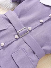 SHEIN Váy vải họa tiết đơn hàng khuy tay bồng ngắn cổ màu tương phản cho bé gái tuổi mới lớn - Màu tím - Xem 7