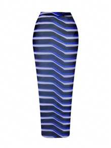 Swim Oasis Costume da bagno da donna taglie forti di alta qualità, 2 pezzi: Top con bustier e fiocco, abbinato a una lunga gonna a fantasia a righe, per vacanze in spiaggia, estate