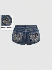 ROMWE Avant Vintage Millennium Punk High Waist Super Short Embroidered Pistol Women Super Low Waist Denim Shorts