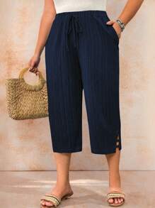 EMERY ROSE Plus Size Women Solid Color Waist Tie Side Slit Casual 3/4 Length Pants