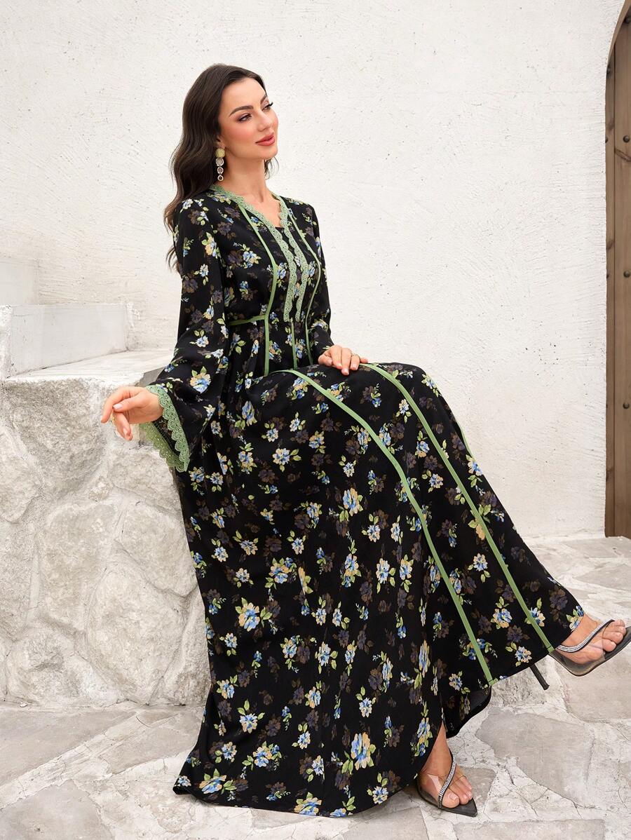 Al Najma Arabic Style Women Spring/Summer Contrast Color Ruffle Trim Bell Sleeve Dress,Modest - Black - View 1