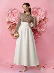 Modelyn Women's  Elegant Party Patchwork Color Cross Fit Long Sleeve Dress, Spring, Valentine's Day  Old Money  Festival   Modest   Sundress